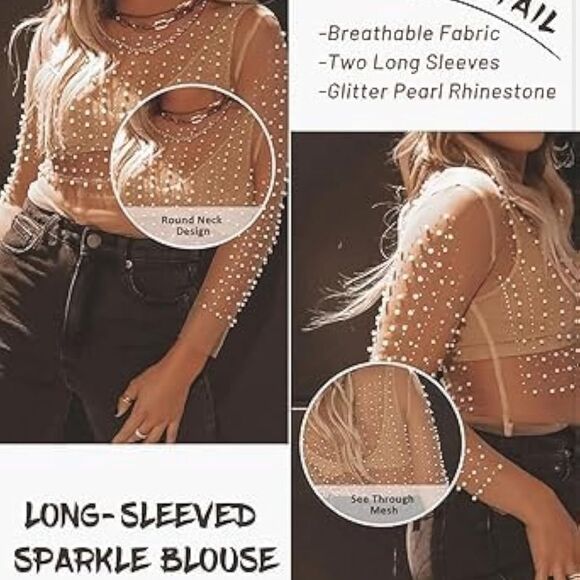 NEW Sparkly Rhinestone Pearl Mesh Crop Top Long Sleeve Sheer Shirt Blouses - Picture 3 of 7